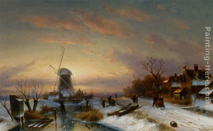 Charles Henri Joseph Leickert Landscape with skaters on the Ice